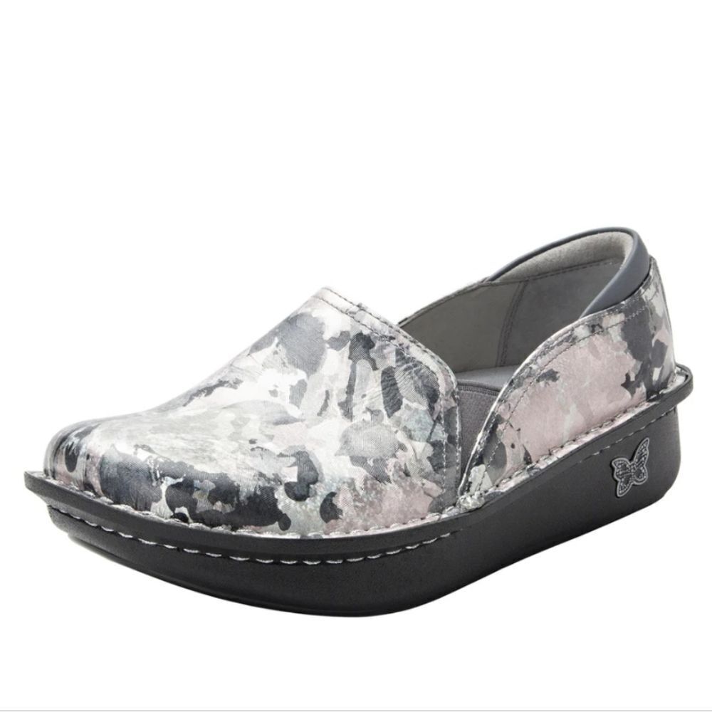 Alegria Debra Clog Flat Comfort Shoe Mix N' Mingle Silver Metal Floral 10.5